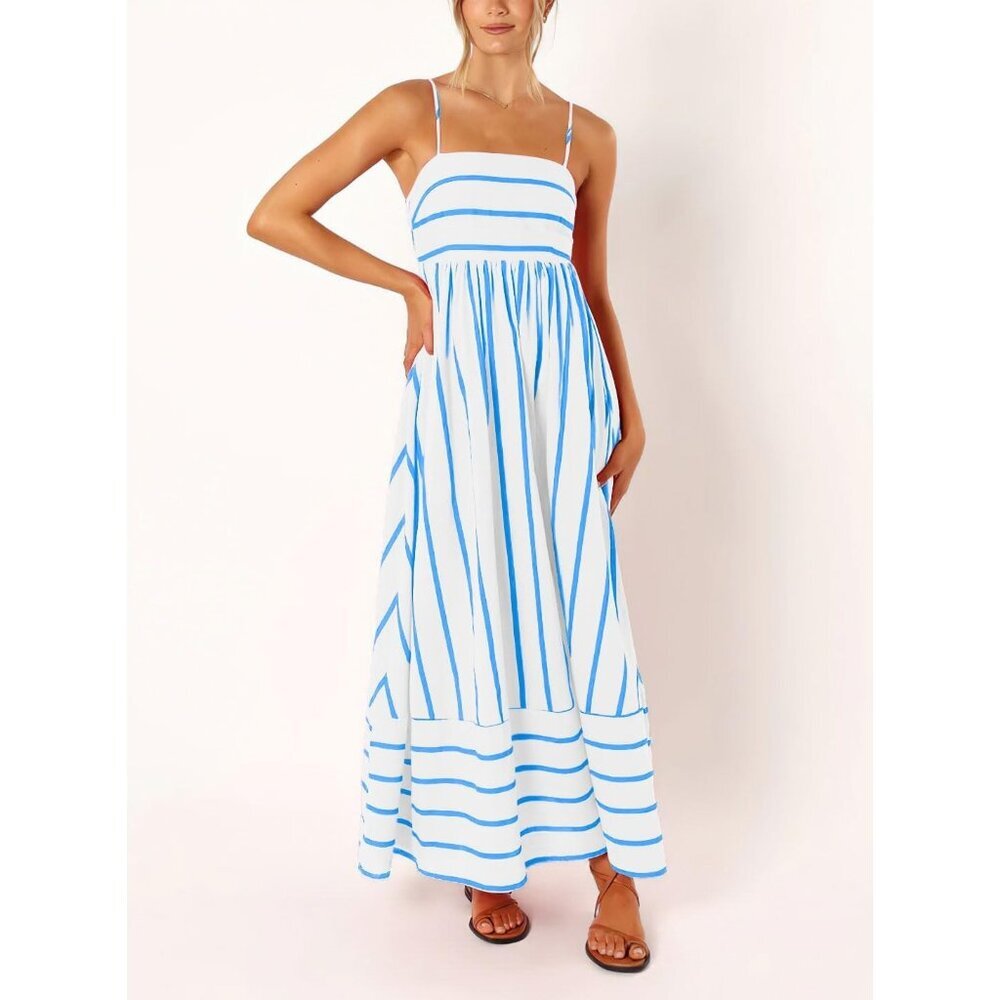 Women's Wide Blue White Striped Back Smocked Spaghetti Strap Cut Out Maxi Dress - Picture 3 of 7